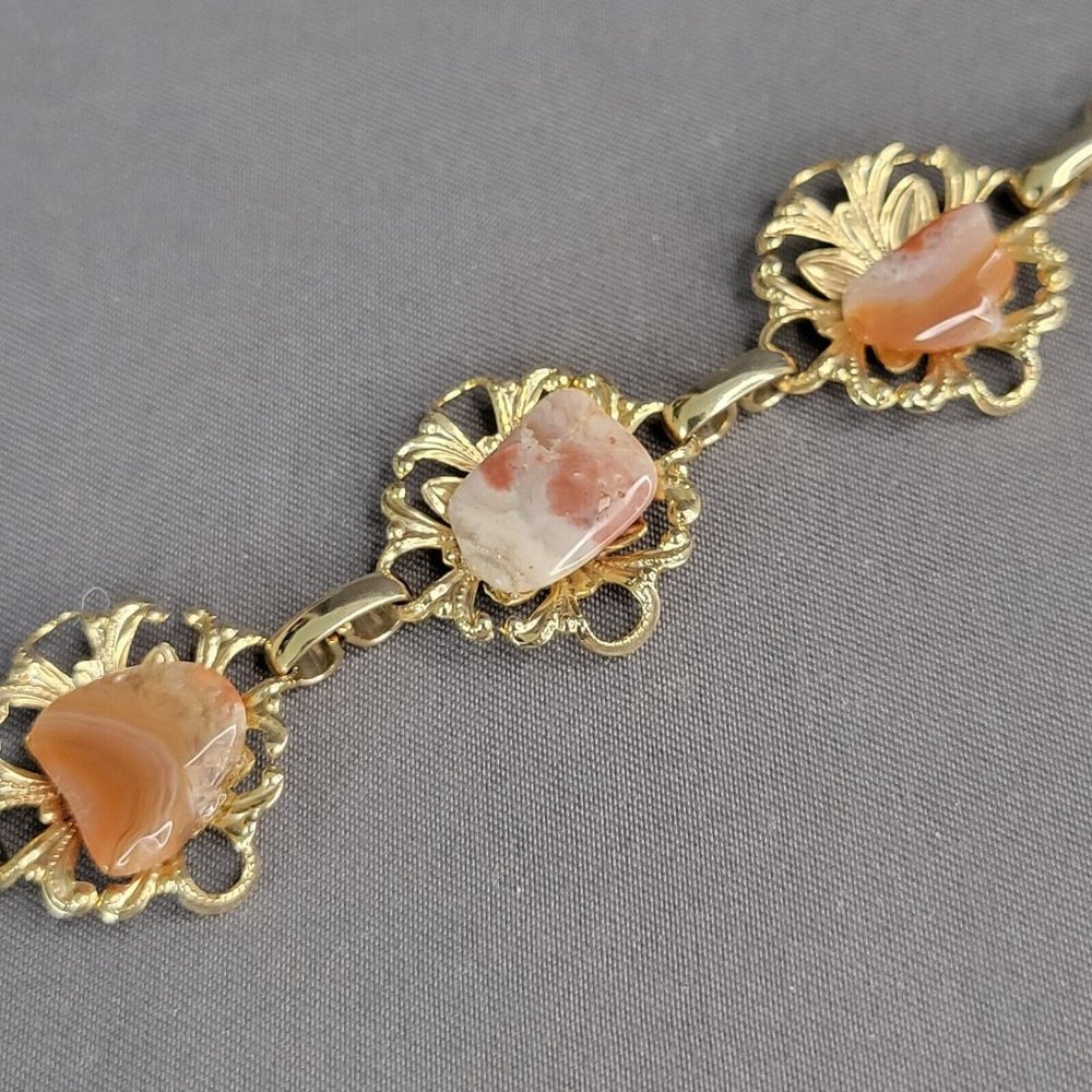 Delicate Womens Gold Tone Polished Agate Stones Fashion Bracelet 6 1/4 in - Picture 4 of 6